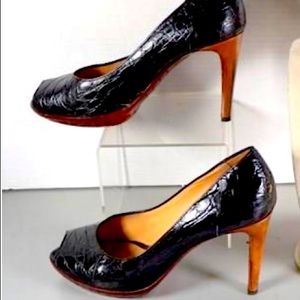 Bottega Veneta Pumps Black Leather Reptile Sz 38.5 Made in Italy